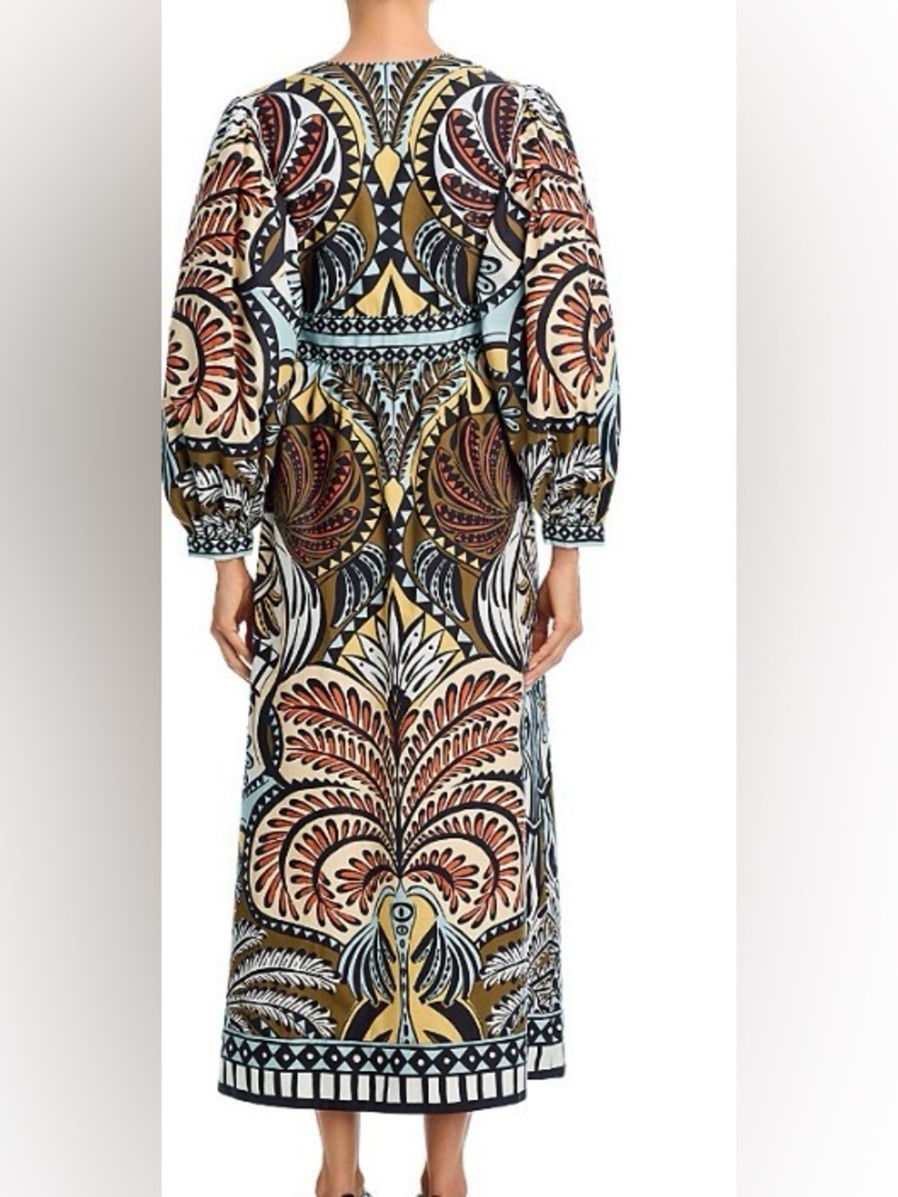 FARM Rio Warm Blue /Tan Multi Long Volume Sleeve Maxi Dress: Small - Picture 9 of 16